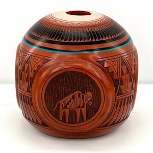 Mitchell Blackhorse Navajo Four Corners Etched Red Clay Pottery Vase Sculpture